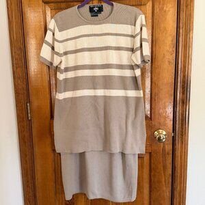 Cotton & Silk Knit Tan & Cream Skirt Set by Kasper  - M